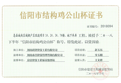 “息縣城南區(qū)域棚戶區(qū)改造項(xiàng)目1#、2#、3#、7#樓、地下車庫工程”被授予2018下半年“信陽市結(jié)構(gòu)雞公山杯”稱號(hào)