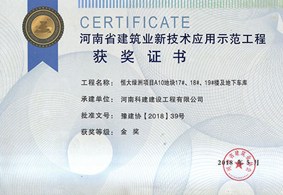 “恒大綠洲項目A10地塊17#、18#、19#樓及地下車庫工程”榮獲“河南省建筑業(yè)新技術(shù)應(yīng)用示范工程”金獎